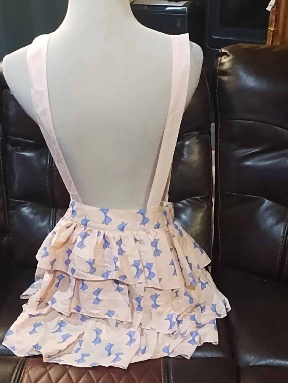 Women's Pink Ruffled Suspender Skirt with Blue Bow Print